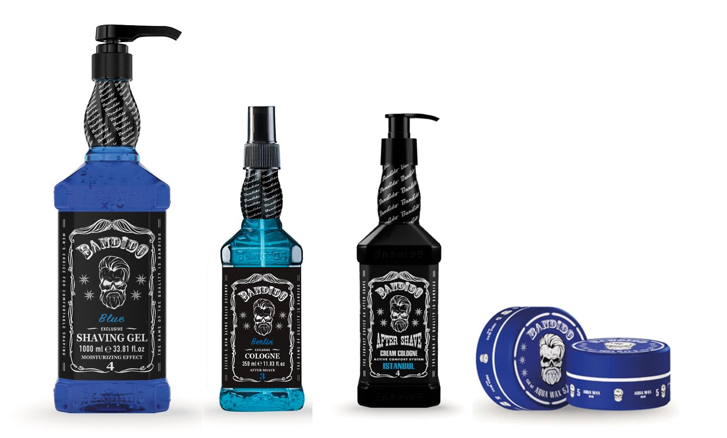 Bandido BLUE SET – Rasiergel Blau 1000ml + Aftershave Cologne Waterfall 350ml + Aftershave Cream Cologne Sport/Istanbul 350ml + Aqua Wax Nr.5 Blau (Medium) 150ml
