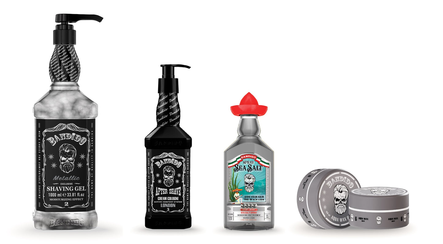 Bandido GRAY SET – Rasiergel Metallic 1000ml + Aftershave Cream Cologne 350ml (Men Invisible / London) + Sea Salt Spray 250ml + Aqua Wachs Nr.6 Grau (Medium) 150ml