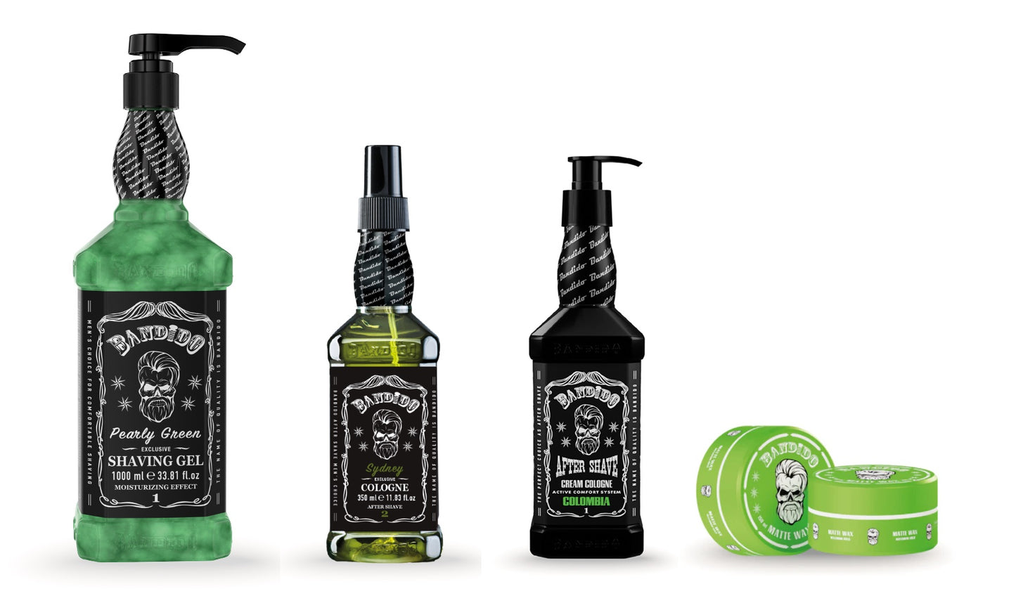 Bandido GREEN SET – Rasiergel Pearly Green 1000ml + Aftershave Cologne Army 350ml + Aftershave Cream Cologne Fresh/Columbia 350ml + Bandido Matte Haar Wax 150ml