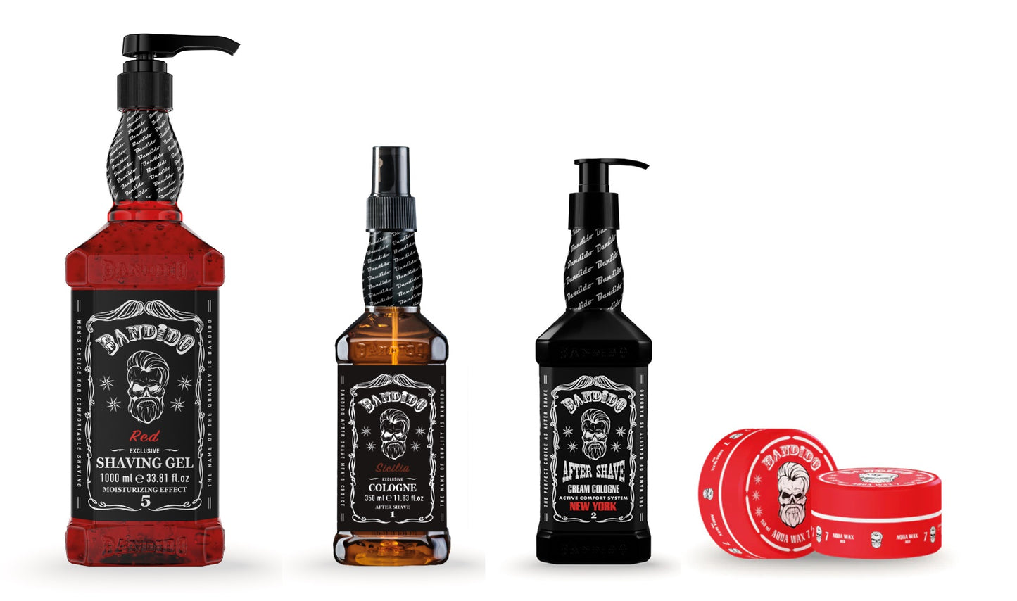 Bandido RED SET – Rasiergel Rot 1000ml + Aftershave Cologne Volcano 350ml + Aftershave Cream Cologne Extreme/Newyork 350ml + Aqua Wachs Nr.7 Rot (Strong) 150ml