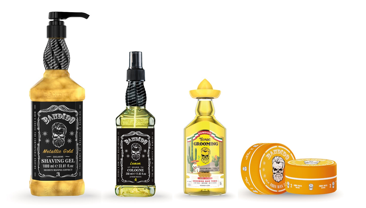Bandido ORANGE SET – Rasiergel Metallic Gold 1000ml + Aftershave Cologne Lemon 350ml + Grooming Hair Tonic 250ml  +  Aqua Wachs Nr.2 Orange (Light) 150ml