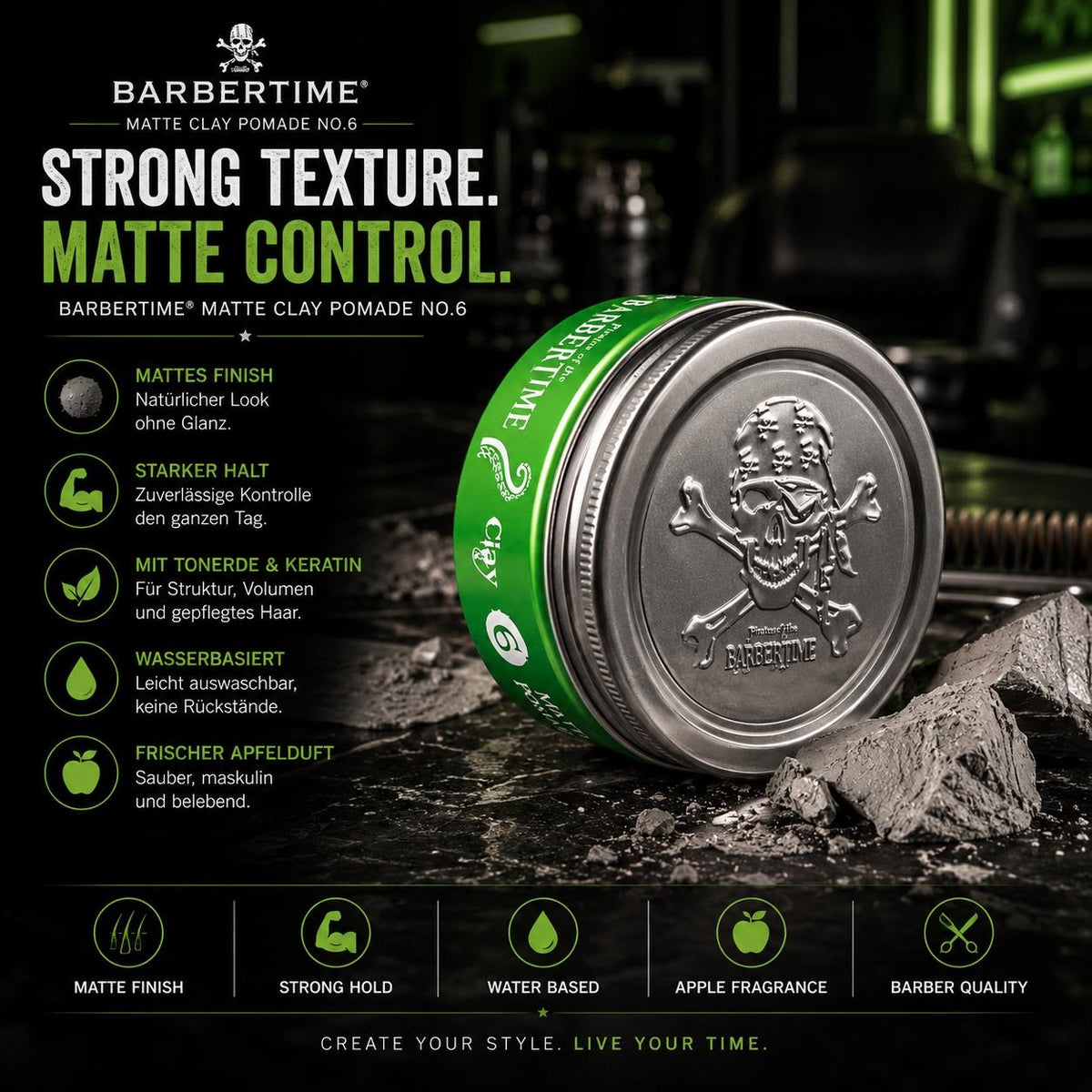 Barbertime Matte Clay Pomade Green No.6 – Starker Halt & Apfelduft (150ml)