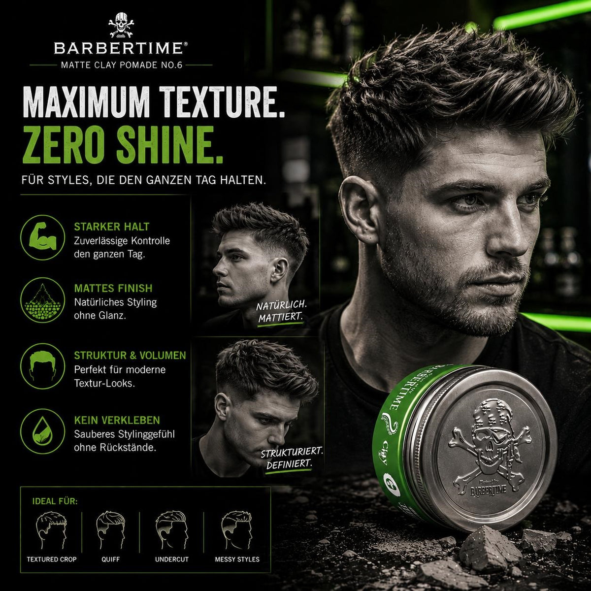 Barbertime Matte Clay Pomade Green No.6 – Starker Halt & Apfelduft (150ml)