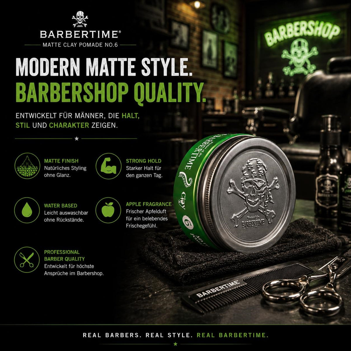 Barbertime Matte Clay Pomade Green No.6 – Starker Halt & Apfelduft (150ml)