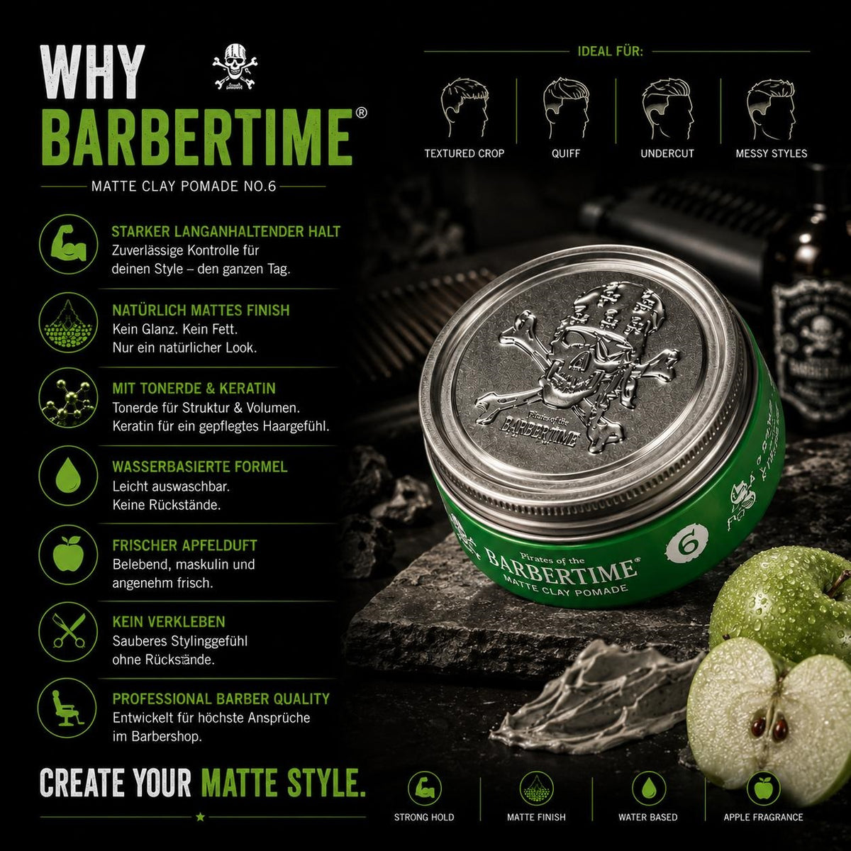 Barbertime Matte Clay Pomade Green No.6 – Starker Halt & Apfelduft (150ml)