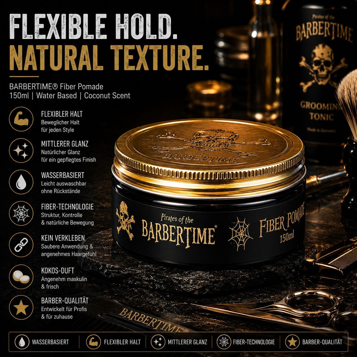 Barbertime Spider Pomade (150ml) – Flexibler Halt & Kokosnuss Duft