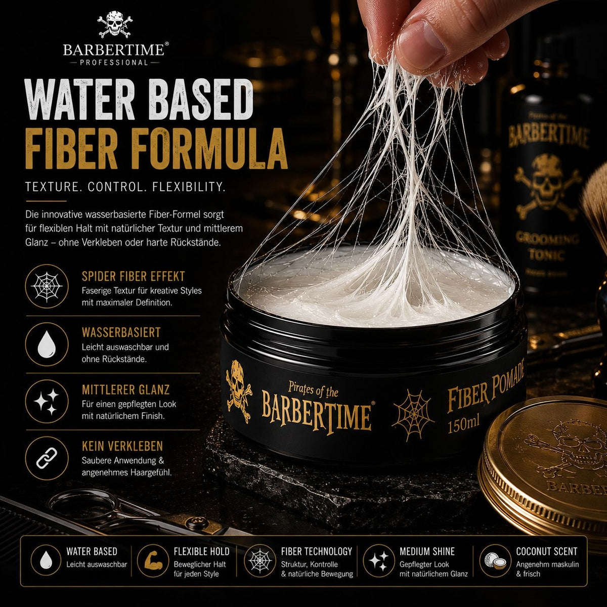 Barbertime Spider Pomade (150ml) – Flexibler Halt & Kokosnuss Duft