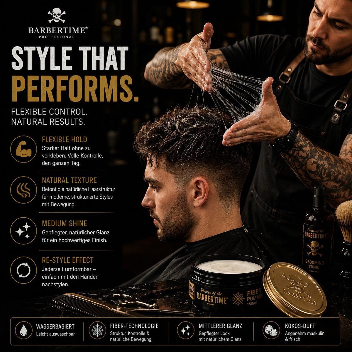 Barbertime Spider Pomade (150ml) – Flexibler Halt & Kokosnuss Duft