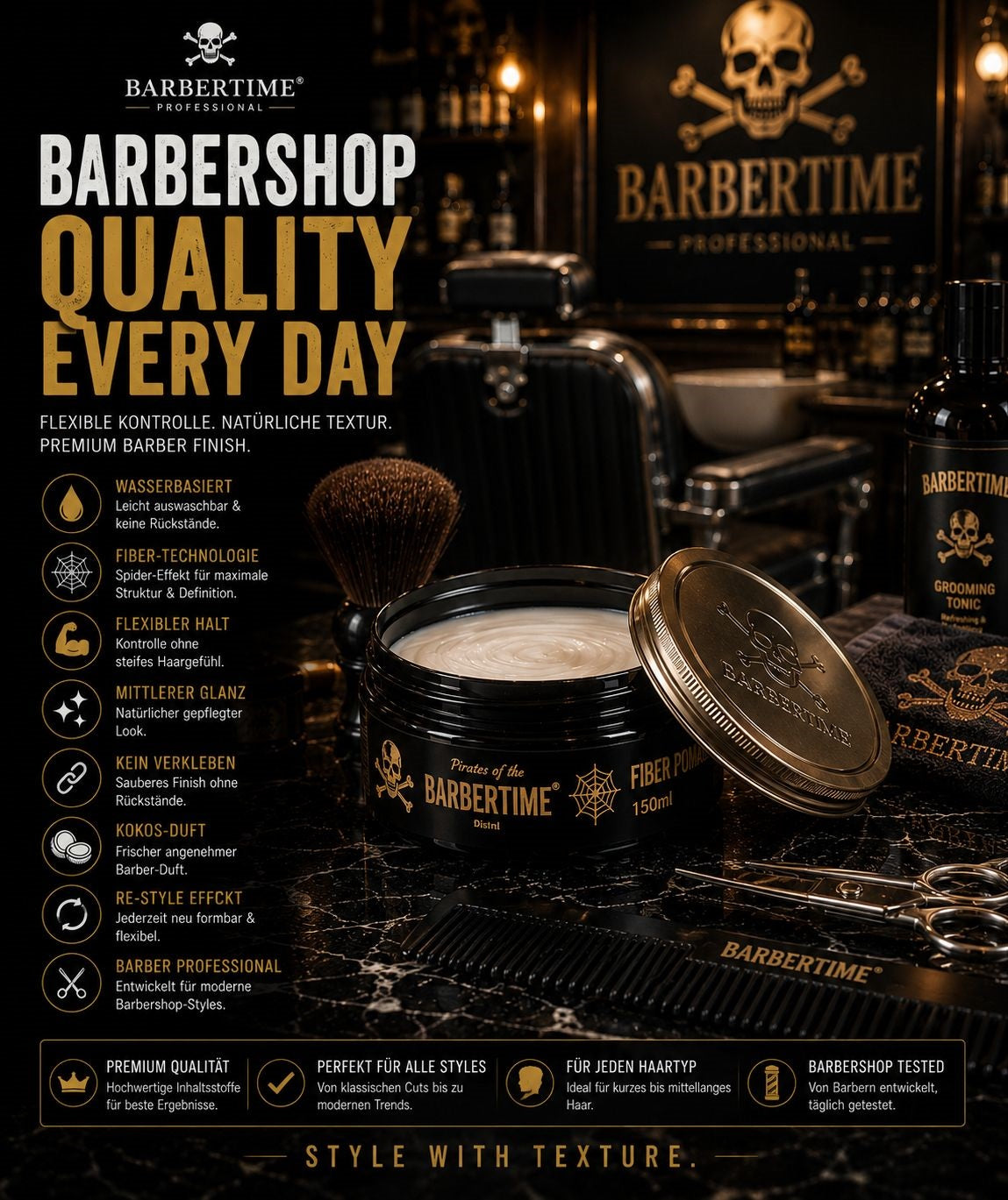 Barbertime Spider Pomade (150ml) – Flexibler Halt & Kokosnuss Duft