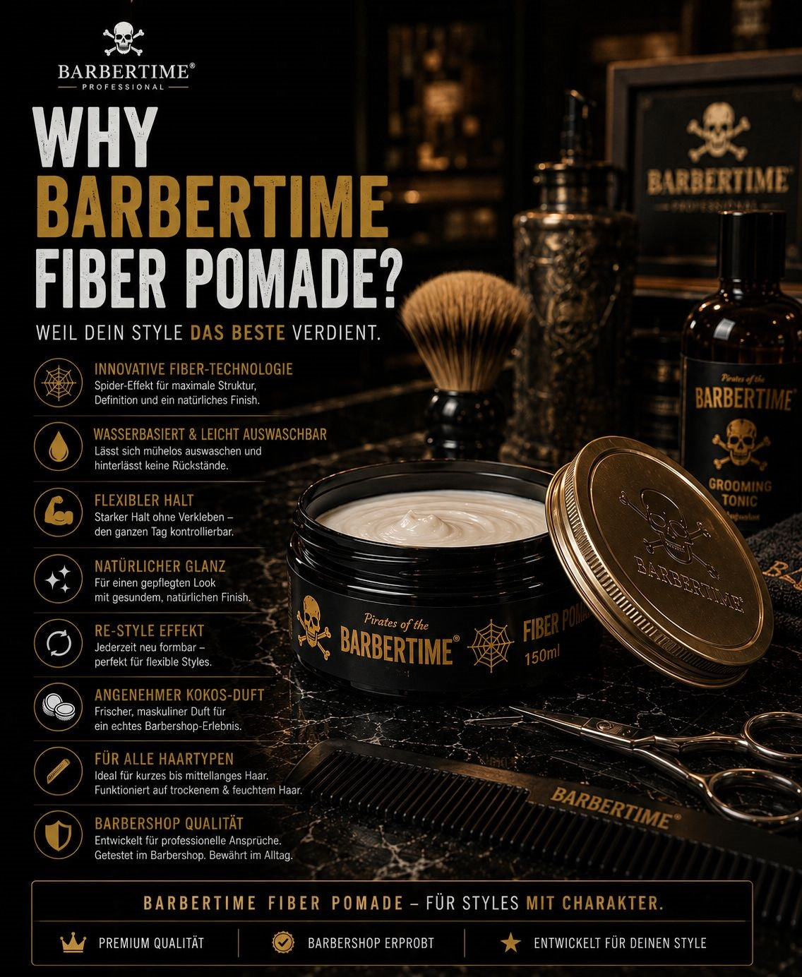 Barbertime Spider Pomade (150ml) – Flexibler Halt & Kokosnuss Duft