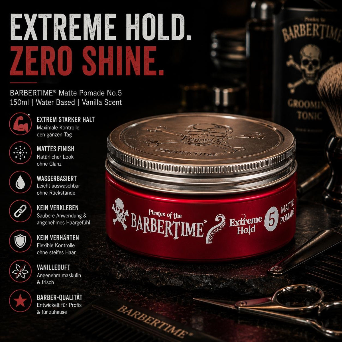 Barbertime Matte Pomade Red No.5 – Starker Halt & Vanilleduft (150ml)