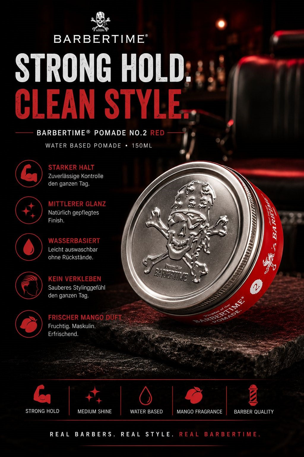 Barbertime Red No.2 Pomade – Fester Halt & Mango-Duft (150ml)