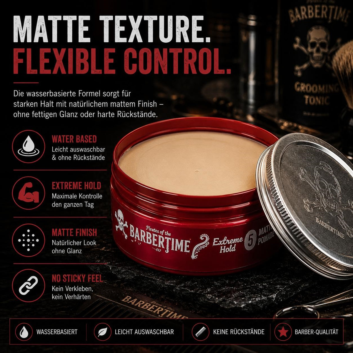 Barbertime Matte Pomade Red No.5 – Starker Halt & Vanilleduft (150ml)
