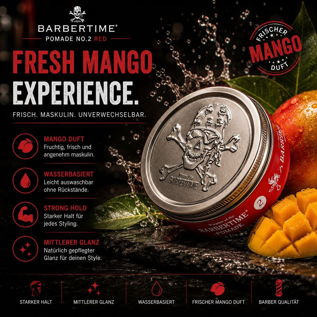 Barbertime Red No.2 Pomade – Fester Halt & Mango-Duft (150ml)