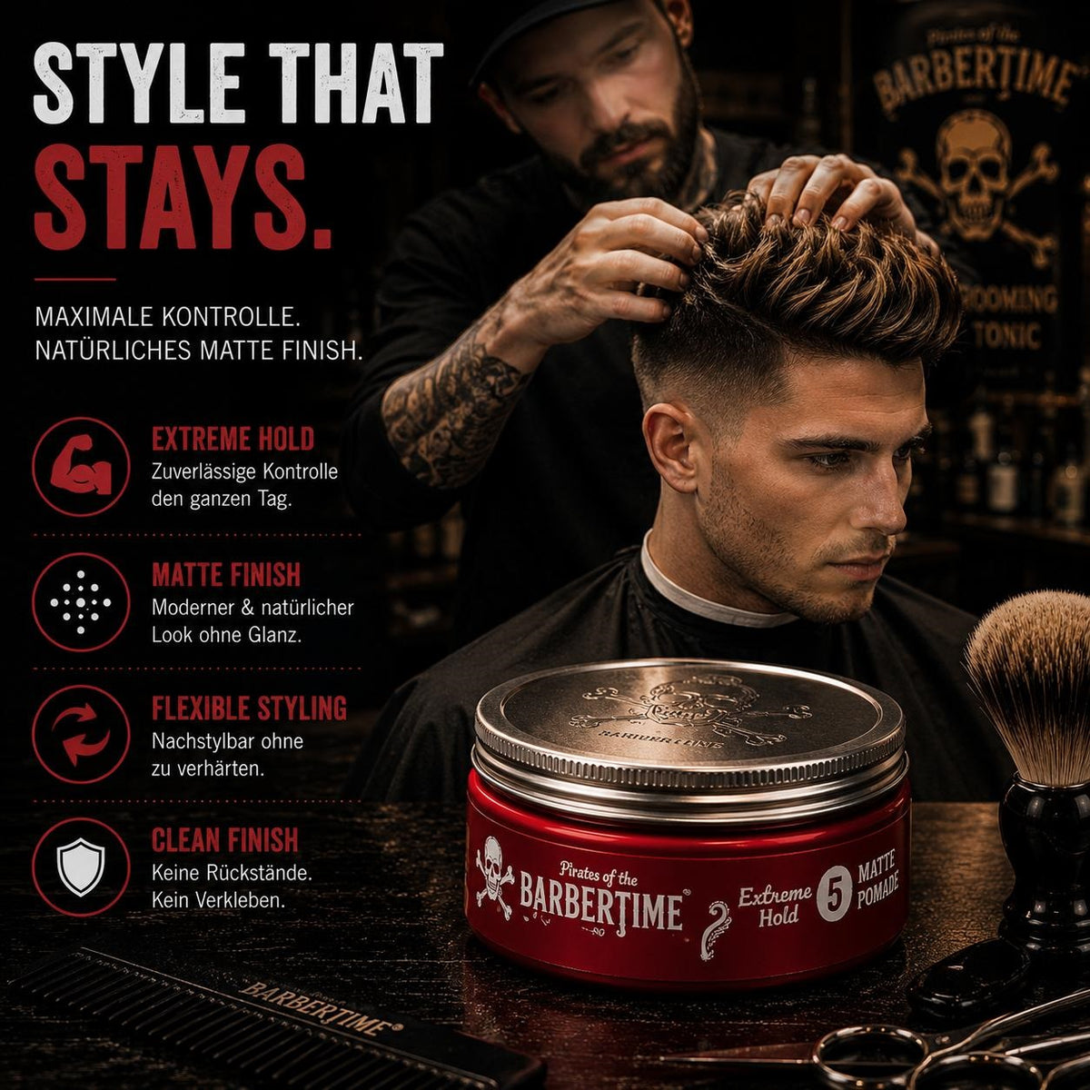 Barbertime Matte Pomade Red No.5 – Starker Halt & Vanilleduft (150ml)