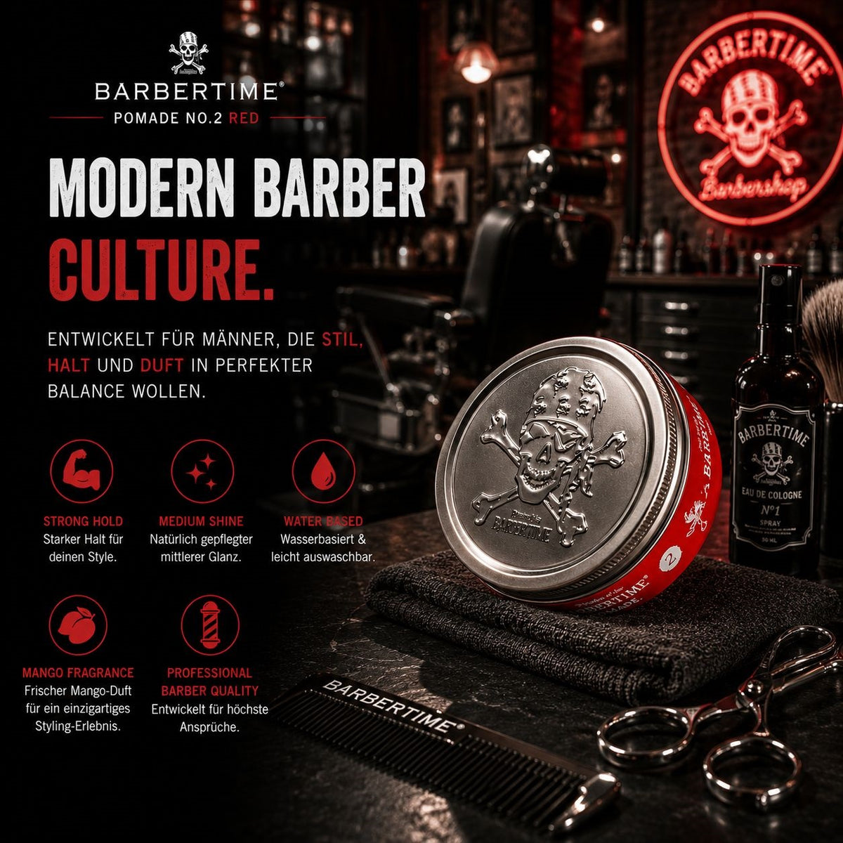 Barbertime Red No.2 Pomade – Fester Halt & Mango-Duft (150ml)