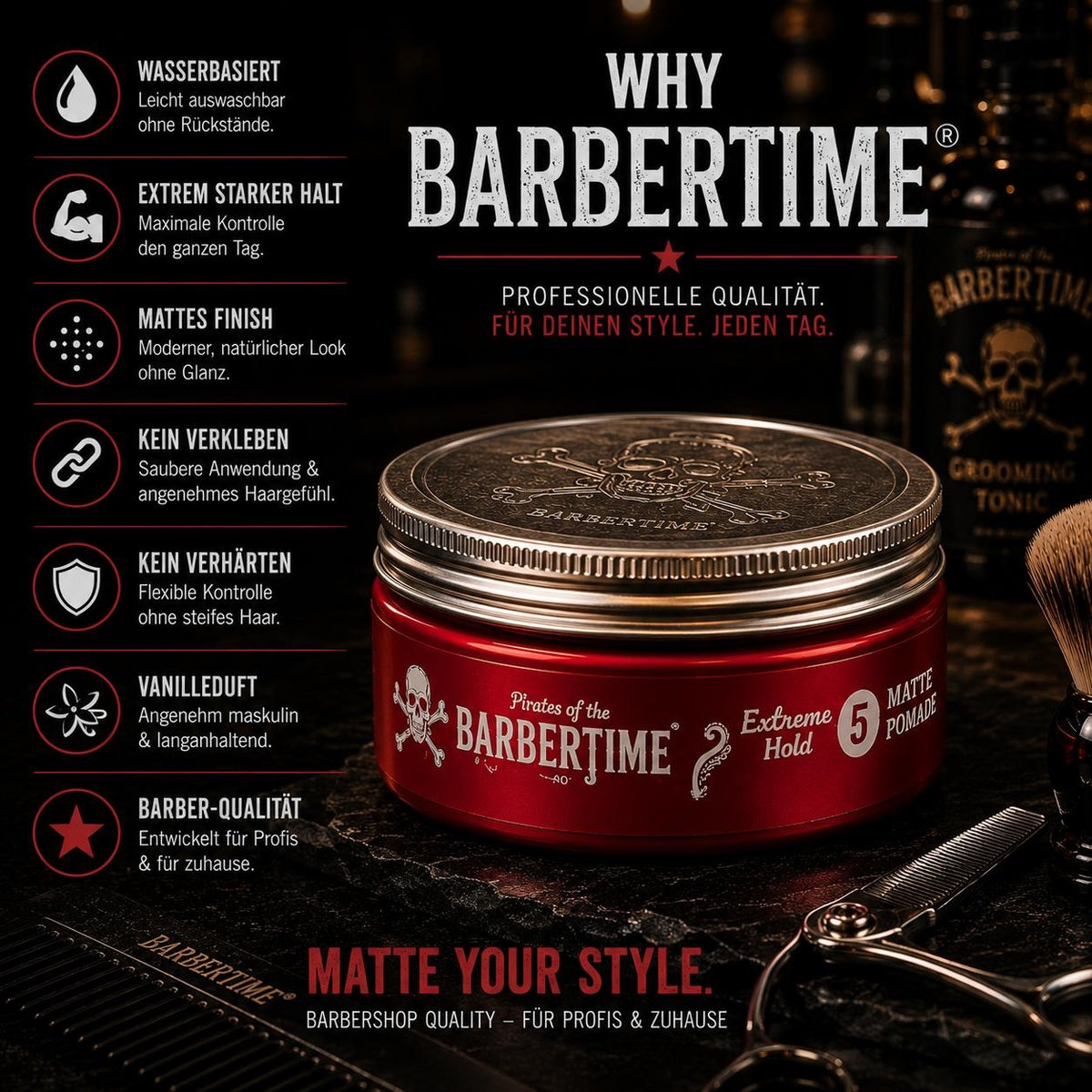 Barbertime Matte Pomade Red No.5 – Starker Halt & Vanilleduft (150ml)