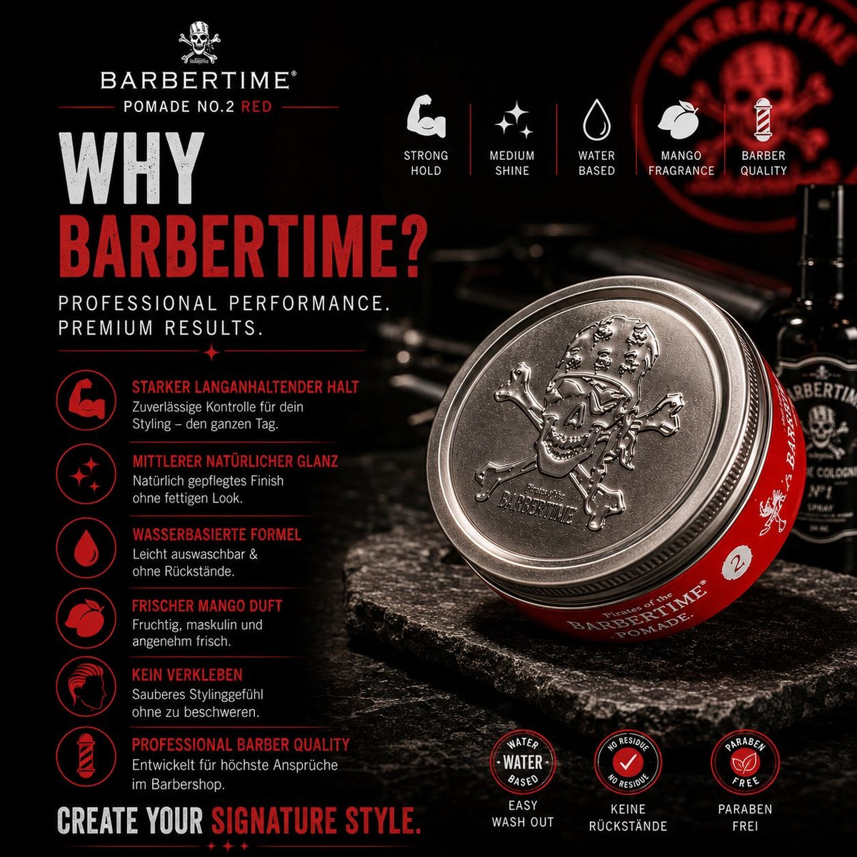 Barbertime Red No.2 Pomade – Fester Halt & Mango-Duft (150ml)