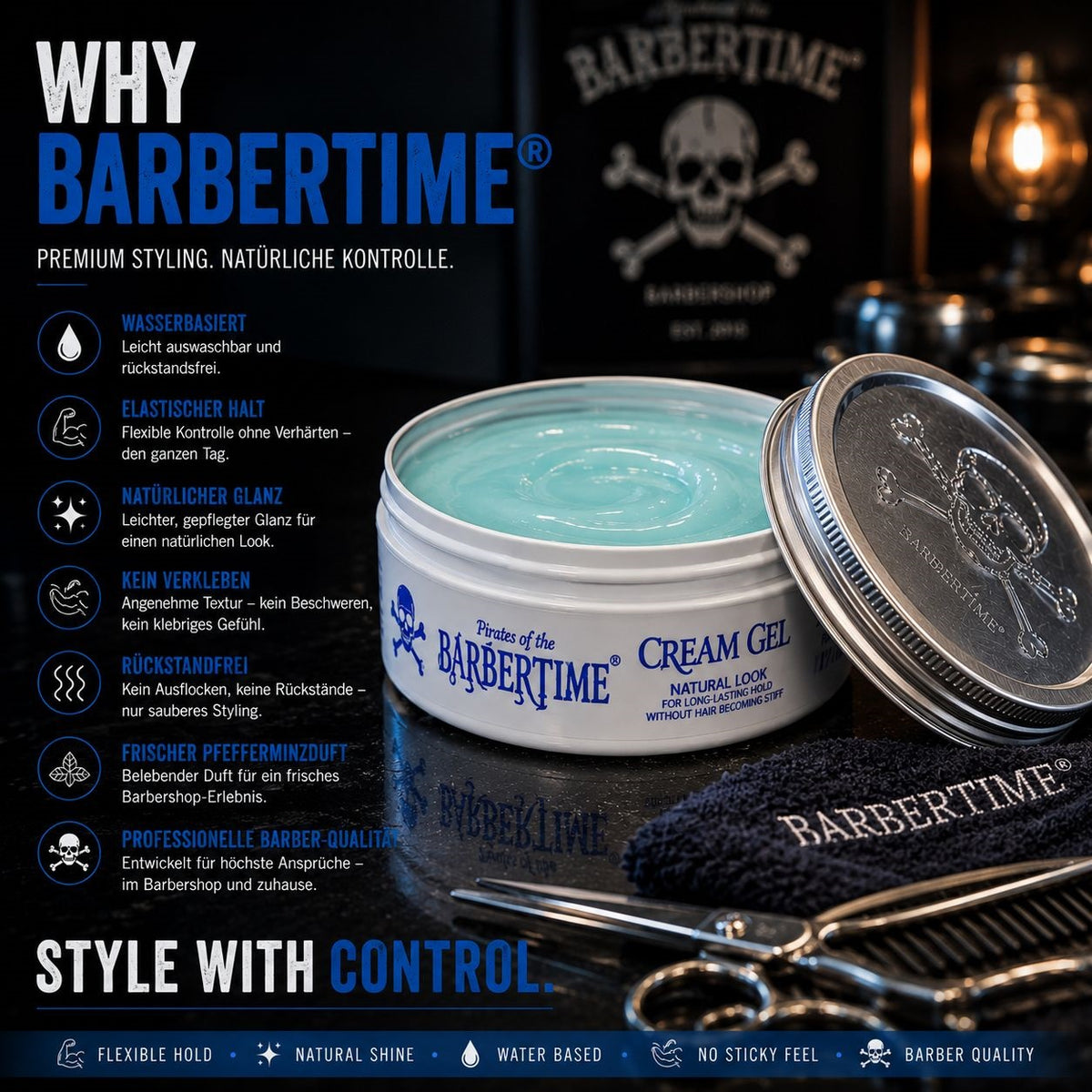 Barbertime Creme Gel (150ml) – Flexibler Halt & Pfefferminzduft